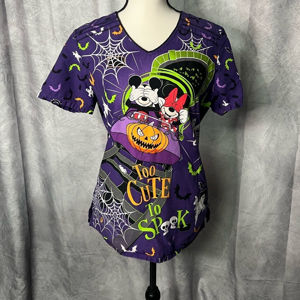 Disney Mickey & Minnie Mouse Halloween Too Cute To Spook Purple Scrubbing Top - Picture 1 of 13